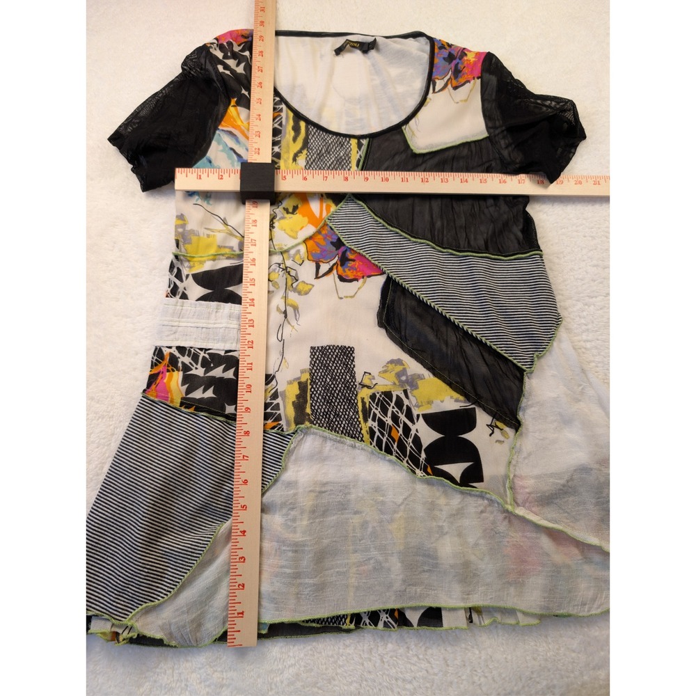 Radzoli Womens Patchwork Mixed Media Top Abstract Mesh Short Sleeve Large - Picture 6 of 6